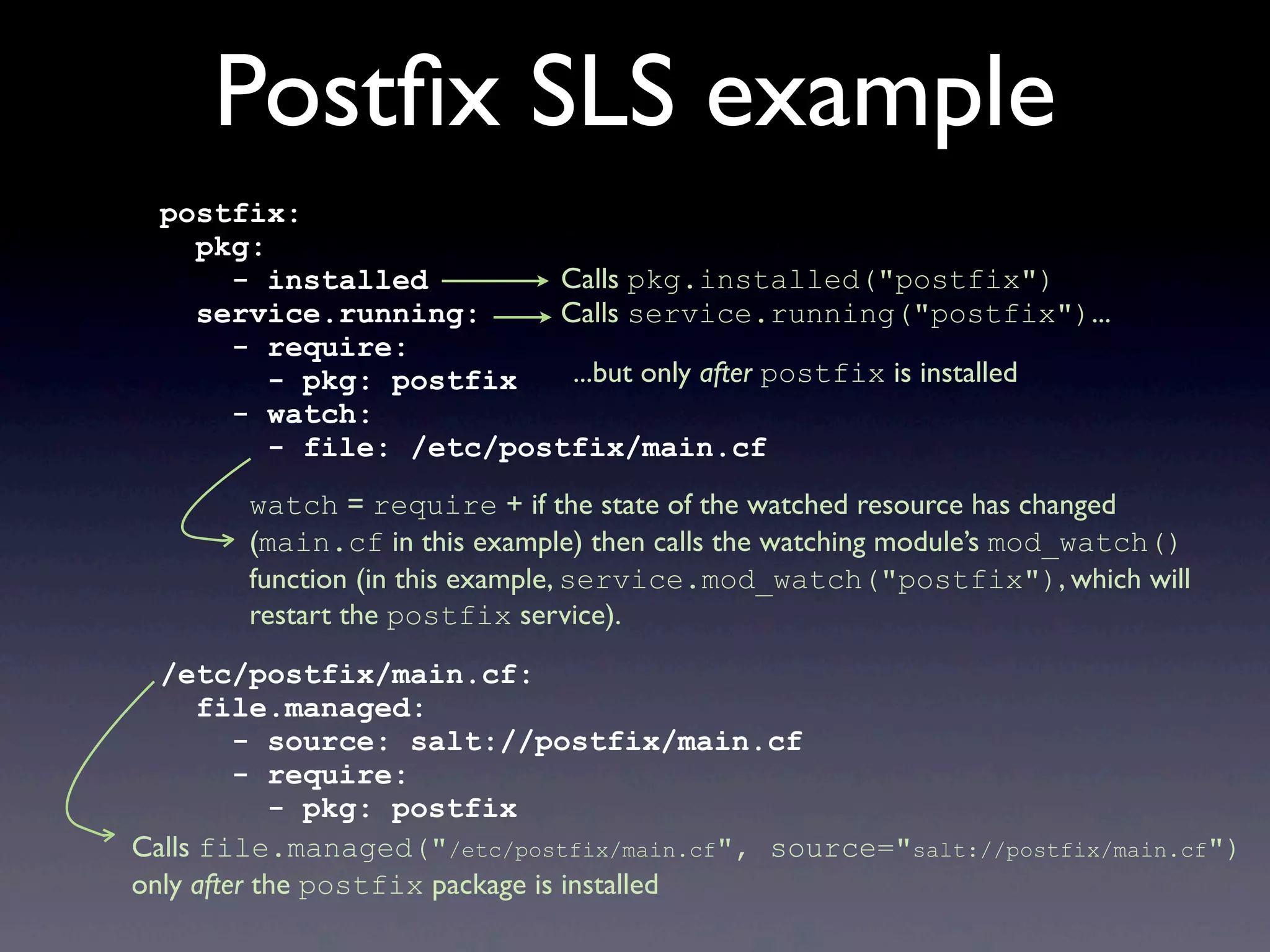 Postﬁx SLS example
postfix:
pkg:
- installed
service.running:
- require:
- pkg: postfix
- watch:
- file: /etc/postfix/main.cf
/etc/postfix/main.cf:
file.managed:
- source: salt://postfix/main.cf
- require:
- pkg: postfix
Calls pkg.installed("postfix")
Calls service.running("postfix")...
...but only after postfix is installed
watch = require + if the state of the watched resource has changed
(main.cf in this example) then calls the watching module’s mod_watch()
function (in this example, service.mod_watch("postfix"), which will
restart the postfix service).
Calls file.managed("/etc/postfix/main.cf", source="salt://postfix/main.cf")
only after the postfix package is installed
 