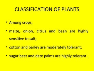CLASSIFICATION OF PLANTS
• Among crops,
• maize, onion, citrus and bean are highly
sensitive to salt;
• cotton and barley are moderately tolerant;
• sugar beet and date palms are highly tolerant .
 