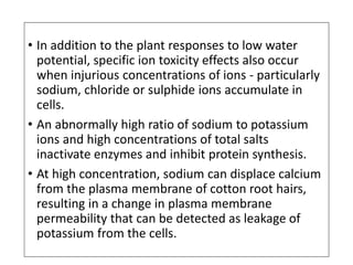 • In addition to the plant responses to low water
potential, specific ion toxicity effects also occur
when injurious concentrations of ions - particularly
sodium, chloride or sulphide ions accumulate in
cells.
• An abnormally high ratio of sodium to potassium
ions and high concentrations of total salts
inactivate enzymes and inhibit protein synthesis.
• At high concentration, sodium can displace calcium
from the plasma membrane of cotton root hairs,
resulting in a change in plasma membrane
permeability that can be detected as leakage of
potassium from the cells.
 