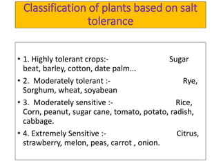 Classification of plants based on salt
tolerance
• 1. Highly tolerant crops:- Sugar
beat, barley, cotton, date palm...
• 2. Moderately tolerant :- Rye,
Sorghum, wheat, soyabean
• 3. Moderately sensitive :- Rice,
Corn, peanut, sugar cane, tomato, potato, radish,
cabbage.
• 4. Extremely Sensitive :- Citrus,
strawberry, melon, peas, carrot , onion.
 