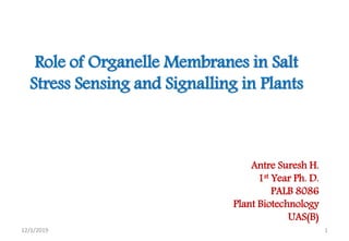 Role of Organelle Membranes in Salt
Stress Sensing and Signalling in Plants
112/1/2019
Antre Suresh H.
1st Year Ph. D.
PALB 8086
Plant Biotechnology
UAS(B)
 