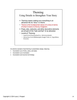 An extreme example of bad theming in presentation design, featuring:
•

Inconsistent use of fonts, colors, and styles

•

Inconsistent use of animation

•

Inconsistent and incorrect terminology.

Copyright © 2014 Louis J. Prosperi

14

 