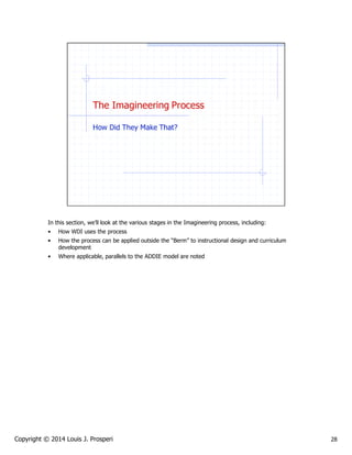 In this section, we’ll look at the various stages in the Imagineering process, including:
•

How WDI uses the process

•

How the process can be applied outside the “Berm” to instructional design and curriculum
development

•

Where applicable, parallels to the ADDIE model are noted

Copyright © 2014 Louis J. Prosperi

28

 