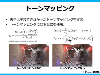 トーンマッピング 
• 去年は実装できなかったトーンマッピングを実装 
• トーンマッピングには下記式を使用。 
푎 = 0.18 
トーンマッピングありトーンマッピングなし 
퐿푑 = 
퐿 푥, 푦 1 + 
퐿 푥, 푦 
퐿푤ℎ푖푡푒 
2 
1 + 퐿 푥, 푦 
퐿 푥, 푦 = 
푎 
퐿푤 
퐿푤 푥, 푦 
퐿푤 = 푒푥푝 
1 
푁 
푥,푦 
푙표푔 훿 + 퐿푤 푥, 푦 
※詳細は”Realistic Ray Tracing” pp.180-181を参照 
 