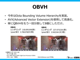 OBVH 
• 今年はOcta Bounding Volume Hierarchyを実装。 
• AVX(Advanced Vector Extension)を使用して高速化。 
• 単にQBVHをもう一回分割して8個にしただけ。 
OBVH 
レンダリング218.095399(秒) 
1pixel当り3.786378(ミリ秒) 
QBVH 
レンダリング227.073228 (秒) 
1pixel当り3.942244 (ミリ秒) 
※画像サイズ: 320×180 
サンプル数: 4096 
CPU: AMD FX(tm)-8350 Eight Core Processor 4.0GHz 
メモリ：4GB で測定。※BVHはMedian Splitで作成。 
 