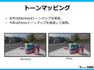 トーンマッピング
• 去年はReinhardトーンマップを実装。
• 今年はFilmicトーンマップを実装して採用。
Reinhard Filmic
 