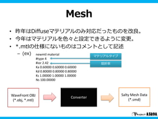 Mesh
• 昨年はDiffuseマテリアルのみ対応だったものを改良。
• 今年はマテリアルを色々と設定できるように変更。
• *.mtlの仕様にないものはコメントとして記述
– (ex)
WaveFront OBJ
(*.obj, *.mtl)
Converter
Salty Mesh Data
(*.smd)
newmtl material
#type 4
#ior 2.42
Ka 0.60000 0.60000 0.60000
Kd 0.80000 0.80000 0.80000
Ks 1.00000 1.00000 1.00000
Ns 100.00000
マテリアルタイプ
屈折率
 