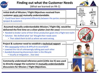 Finding out what the Customer Needs
                              (What we learned on PA-1)

Initial draft of Mission / Flight Objectives received from
customer were not mutually understandable.
• Could have been interpreted differently between the parties
(project & customer).

 Assumed mutually understandable Mission / Flight Obj. would be
delivered the first time on a silver platter (not the case)
• Needed to broker some of their Orion production goals into a flight test realm
• Solution: We drafted what ‘we’ thought their needs were
     • Then asked them to tell us where we were wrong.

Project & customer need to establish a technical rapport
• Was necessarily tedious & difficult to accomplish
• Lowered the risk of unknowingly talking past each other
• Avoided discovering disconnects later in the lifecycle
     • Usually at integration… (too late)

Commonly understood reference point (Little Joe II) was used
to directly engage the customer in mutually understandable
                                                                                    ~
                                                                           Apollo




                                                                                        Orion
discussions for Mission / Flight Objectives.
                                                                                        Page 12
 