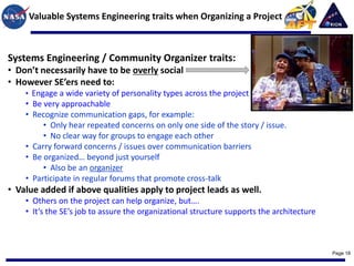 Valuable Systems Engineering traits when Organizing a Project



Systems Engineering / Community Organizer traits:
• Don’t necessarily have to be overly social
• However SE’ers need to:
    • Engage a wide variety of personality types across the project
    • Be very approachable
    • Recognize communication gaps, for example:
         • Only hear repeated concerns on only one side of the story / issue.
         • No clear way for groups to engage each other
    • Carry forward concerns / issues over communication barriers
    • Be organized… beyond just yourself
         • Also be an organizer
    • Participate in regular forums that promote cross-talk
• Value added if above qualities apply to project leads as well.
    • Others on the project can help organize, but….
    • It’s the SE’s job to assure the organizational structure supports the architecture



                                                                                           Page 18
 