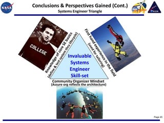 Conclusions & Perspectives Gained (Cont.)
            Systems Engineer Triangle




                   Invaluable
                    Systems
                    Engineer
                     Skill-set
        Community Organizer Mindset
        (Assure org reflects the architecture)




                                                 Page 45
 