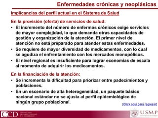 Enfermedades crónicas y neoplásicas
Implicancias del perfil actual en el Sistema de Salud
En la provisión (oferta) de servicios de salud:
• El incremento del número de enfermos crónicos exige servicios
de mayor complejidad, lo que demanda otras capacidades de
gestión y organización de la atención. El primer nivel de
atención no está preparado para atender estas enfermedades.
• Se requiere de mayor diversidad de medicamentos, con lo cual
se agudiza el enfrentamiento con los mercados monopólicos.
• El nivel regional es insuficiente para lograr economías de escala
al momento de adquirir los medicamentos.
En la financiación de la atención:
• Se incrementa la dificultad para priorizar entre padecimientos y
poblaciones.
• En un escenario de alta heterogeneidad, un paquete básico
nacional estándar no se ajusta al perfil epidemiológico de
ningún grupo poblacional. [Click aquí para regresar]
 