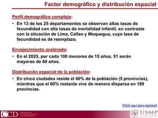 Factor demográfico y distribución espacial
Perfil demográfico complejo:
• En 13 de los 25 departamentos se observan altas tasas de
fecundidad con alta tasas de mortalidad infantil, en contraste
con la situación de Lima, Callao y Moquegua, cuya tasa de
fecundidad es de reemplazo.
Envejecimiento acelerado:
• En el 2025, por cada 100 menores de 15 años, 51 serán
mayores de 60 años.
Distribución espacial de la población:
• En cinco ciudades reside el 40% de la población (5 provincias),
mientras que el 60% restante vive de manera dispersa en 189
provincias.
[Click aquí para regresar]
 
