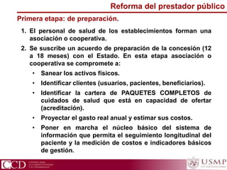 1. El personal de salud de los establecimientos forman una
asociación o cooperativa.
2. Se suscribe un acuerdo de preparación de la concesión (12
a 18 meses) con el Estado. En esta etapa asociación o
cooperativa se compromete a:
• Sanear los activos físicos.
• Identificar clientes (usuarios, pacientes, beneficiarios).
• Identificar la cartera de PAQUETES COMPLETOS de
cuidados de salud que está en capacidad de ofertar
(acreditación).
• Proyectar el gasto real anual y estimar sus costos.
• Poner en marcha el núcleo básico del sistema de
información que permita el seguimiento longitudinal del
paciente y la medición de costos e indicadores básicos
de gestión.
Primera etapa: de preparación.
Reforma del prestador público
 