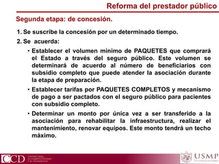 1. Se suscribe la concesión por un determinado tiempo.
2. Se acuerda:
• Establecer el volumen mínimo de PAQUETES que comprará
el Estado a través del seguro público. Este volumen se
determinará de acuerdo al número de beneficiarios con
subsidio completo que puede atender la asociación durante
la etapa de preparación.
• Establecer tarifas por PAQUETES COMPLETOS y mecanismo
de pago a ser pactados con el seguro público para pacientes
con subsidio completo.
• Determinar un monto por única vez a ser transferido a la
asociación para rehabilitar la infraestructura, realizar el
mantenimiento, renovar equipos. Este monto tendrá un techo
máximo.
Segunda etapa: de concesión.
Reforma del prestador público
 