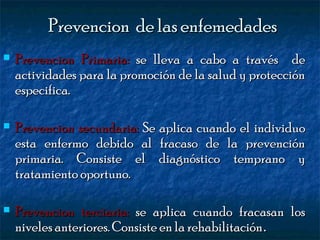 Prevencion de las enfemedades


Prevencion Primaria: se lleva a cabo a través de
actividades para la promoción de la salud y protección
especifica.



Prevencion secundaria: Se aplica cuando el individuo
esta enfermo debido al fracaso de la prevención
primaria. Consiste el diagnóstico temprano y
tratamiento oportuno.



Prevencion terciaria: se aplica cuando fracasan los
niveles anteriores. Consiste en la rehabilitación.

 