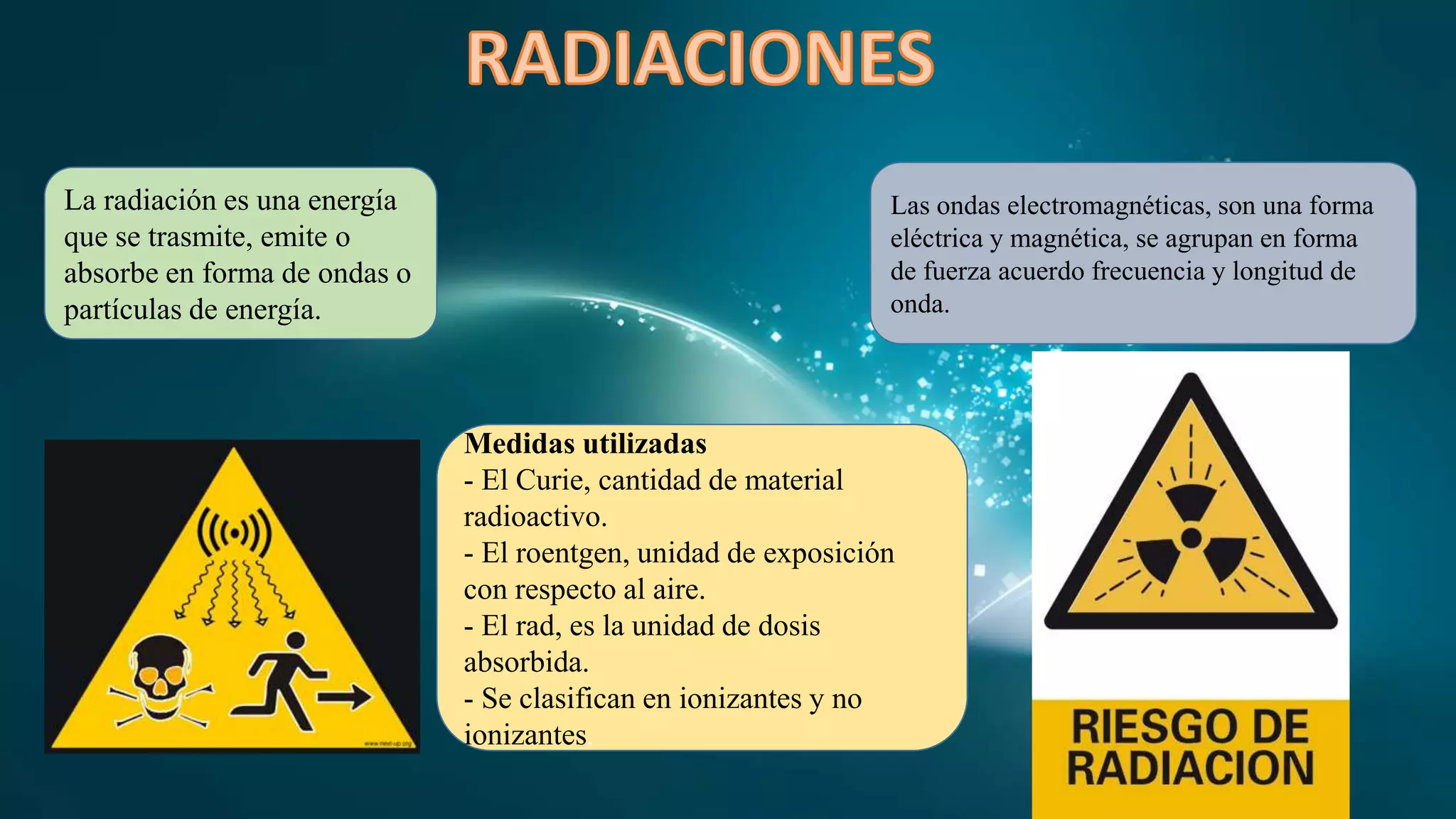 La radiación es una energía
que se trasmite, emite o
absorbe en forma de ondas o
partículas de energía.
Las ondas electromagnéticas, son una forma
eléctrica y magnética, se agrupan en forma
de fuerza acuerdo frecuencia y longitud de
onda.
Medidas utilizadas
- El Curie, cantidad de material
radioactivo.
- El roentgen, unidad de exposición
con respecto al aire.
- El rad, es la unidad de dosis
absorbida.
- Se clasifican en ionizantes y no
ionizantes.
 