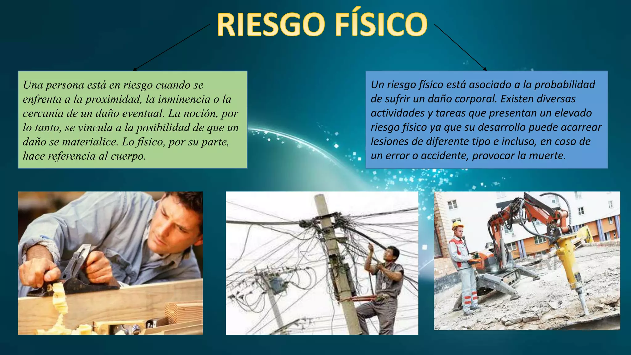 Una persona está en riesgo cuando se
enfrenta a la proximidad, la inminencia o la
cercanía de un daño eventual. La noción, por
lo tanto, se vincula a la posibilidad de que un
daño se materialice. Lo físico, por su parte,
hace referencia al cuerpo.
Un riesgo físico está asociado a la probabilidad
de sufrir un daño corporal. Existen diversas
actividades y tareas que presentan un elevado
riesgo físico ya que su desarrollo puede acarrear
lesiones de diferente tipo e incluso, en caso de
un error o accidente, provocar la muerte.
 
