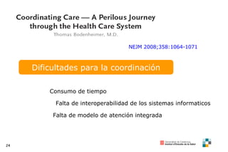 NEJM 2008;358:1064-1071 Dificultades para la coordinación Consumo de tiempo Falta de interoperabilidad de los sistemas informaticos Falta de modelo de atención integrada 