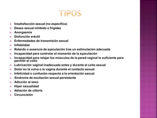  Insatisfacción sexual (no específica)
 Deseo sexual inhibido o frigidez
 Anorgasmia
 Disfunción eréctil
 Enfermedades de transmisión sexual
 Infidelidad
 Retardo o ausencia de eyaculación tras un estimulación adecuada
 Incapacidad para controlar el momento de la eyaculación
 Incapacidad para relajar los músculos de la pared vaginal lo suficiente para
permitir el coito
 Lubricación vaginal inadecuada antes y durante el coito sexual
 Dolor en la vulva o la vagina durante el contacto sexual
 Infelicidad o confusión respecto a la orientación sexual
 Síndrome de excitación sexual persistente
 Adicción al sexo
 Híper sexualidad
 Ablación de clítoris
 Circuncisión
 