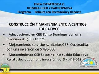 LINEA ESTRATEGICA 2:
BELMIRA LIDER Y PARTICIPATIVA
Programa : Belmira con Recreación y Deporte

CONSTRUCCIÓN Y MANTENIMIENTO A CENTROS
EDUCATIVOS.
• - Adecuaciones en CER Santo Domingo con una
inversión de $ 5.710.375.
• - Mejoramiento servicios sanitarios CER Quebraditas
con una inversión de $ 495.000.
• - Mantenimiento CER Salazar e Institución Educativa
Rural Labores con una inversión de $ 4.445.013.

 