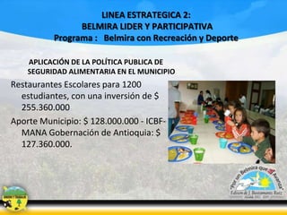 LINEA ESTRATEGICA 2:
BELMIRA LIDER Y PARTICIPATIVA
Programa : Belmira con Recreación y Deporte
APLICACIÓN DE LA POLÍTICA PUBLICA DE
SEGURIDAD ALIMENTARIA EN EL MUNICIPIO

Restaurantes Escolares para 1200
estudiantes, con una inversión de $
255.360.000
Aporte Municipio: $ 128.000.000 - ICBFMANA Gobernación de Antioquia: $
127.360.000.

 