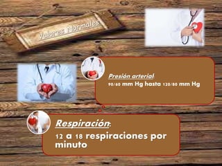 Respiración:
12 a 18 respiraciones por
minuto
Presión arterial:
90/60 mm Hg hasta 120/80 mm Hg
 