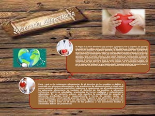 Pero, ¿qué es la soberanía alimentaria? Es el derecho de los pueblos a definir y
controlar sus sistemas alimentarios y de producción de alimentos tanto a nivel local
como nacional, de forma equitativa, soberana y respetuosa con el medio ambiente.
La soberanía alimentaria es también el derecho de los pueblos a alimentos
suficientes, nutritivos, saludables, producidos de forma ecológica y culturalmente
adaptados. En un contexto urbano, esto significa la posibilidad de acceder a
alimentos producidos local y regionalmente a través de canales cortos de
comercialización, construyendo puentes entre la gente y sus alimentos, y entre la
gente y aquellos que producen sus alimentos. Quienes producen y consumen los
alimentos deben estar en el centro de las políticas, y las economías locales y
nacionales deben ser prioritarias.
En Amigos de la Tierra defendemos una agricultura y ganadería social y sostenible, que garantice
una alimentación segura, sana, nutritiva y de calidad, basada en métodos responsables de
producción que promuevan la protección ambiental y el bienestar animal y fomenten la conservación
de los recursos naturales, en definitiva, defendemos la soberanía alimentaria. Una agricultura que
garantice la calidad de vida de los pequeños y medianos agricultores para preservar un medio rural
social, ambiental y económicamente viable. Las crisis alimentaria, financiera y climática a las que nos
enfrentamos están provocadas por el modelo actual que, en el contexto de la alimentación y la
agricultura, tiene un carácter intensivo, a gran escala, liderado por multinacionales y altamente
dependiente de insumos químicos. Los alimentos se han transformado en una mercancía importada y
exportada alrededor del mundo. Transformar el sector agrario es clave para atajar muchos de los
problemas de nuestras sociedades: desde el cambio climático, al hambre, la falta de empleo o la
concentración de gran parte de la población en las ciudades, con el consecuente abandono del
mundo rural. Para alcanzar esta transformación es necesario apostar por la soberanía alimentaria,
por un sistema local, ecológico, de gran biodiversidad y a pequeña escala, que vele por la tierra y
las personas, en vez de buscar beneficios a corto plazo como sucede en la actualidad.
 