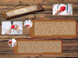 Si la temperatura del exterior es menor o igual que la del cuerpo, este sistema es suficiente para
mantener la temperatura corporal estable. 2- La sudoración, esta permite refrigerar el cuerpo en caso de
que la temperatura del exterior sea mayor. Pero no todo son ventajas, estos mecanismos tienen como
todo sus pro y por supuesto sus contras, en el caso de la vasodilatación puede ocurrir que al dirigirse la
sangre hacia los músculos que intervienen durante la práctica deportiva o el entrenamiento, los órganos
que estén implicados reciban menor cantidad de sangre, con el consiguiente descenso del rendimiento.
En cuanto a la sudoración, hace que la sangre pierda agua y se espese, lo que origina un descenso del
volumen sistólico, ocasionando también un descenso en el rendimiento y si llegamos a puntos extremos
de calor, las consecuencias pueden ser más graves, produciéndose golpes de calor o incluso
deshidratación por pérdida de líquidos con las consiguientes repercusiones correspondientes. Para que
esto no ocurra, es importante la reposición de líquidos durante tus sesiones de entrenamiento, en
especial en los veranos calurosos. Te aconsejo que te hidrates antes, durante y después de cada sesión
de entrenamiento y en este sentido, el agua será la mejor forma para hidratarse correctamente, aunque
ocasionalmente se puede incluir el consumo de alguna bebida isotónica para recuperar también las
sales perdidas si los niveles de sudoración son muy elevados.
Se realiza una revisión teórica de la temperatura corporal como signo vital decisivo para el mantenimiento de la
homeostasis. Destaca la importancia de mantener la temperatura constante en un rango de valores
comprendidos entre 36,8 ºC 'b1 0,4 ºC. Tras un breve repaso sobre los mecanismos de termorregulación y
comportamientos térmicos de los organismos vivos se enfatiza en la propiedad del ser humano como
homeotermo con unas características que propician un mantenimiento relativamente constante de la temperatura
corporal pese a variaciones fisiológicas que hacen fluctuar esta temperatura. En la valoración de esta constante
distinguimos los valores relativos a la temperatura superficial y central detallándose los mecanismos que
influyen en la producción y pérdida de calor que intervienen en la regulación de la temperatura corporal a través
de la respuesta fisiológica al frío y al calor. Finalmente, se describe la valoración de la necesidad de
mantenimiento de la temperatura corporal siguiendo el esquema de catorce necesidades de Virginia Henderson
una vez conocidos los factores que puedan modificarla para comprender el significado de las mediciones y su
posterior interpretación que conducen a los distintos diagnósticos de Enfermería encaminados a alcanzar la
independencia en la resolución de esta necesidad. Un incremento en la intensidad del ejercicio implica una
mayor demanda de energía, lo que en un principio originaría un aumento de la temperatura corporal. La
temperatura del cuerpo oscila entre los 36.5 y los 37.5 dependiendo de ciertos factores, aunque esto creo que hoy
en día lo tenemos más que aprendido y lo estamos mirando a diario. Lo cierto es y que no cunda el pánico, que lo
normal es que el organismo permanezca a una temperatura de 37 grados. A esta temperatura nuestro cuerpo
logra mantener un equilibrio evitando infecciones y hace que las células puedan ser más eficaces. En condiciones
normales, el cuerpo tenderá a mantener esta temperatura, pero cuando esta se eleva, el organismo actúa de
forma inmediata para restablecer este equilibrio.
 