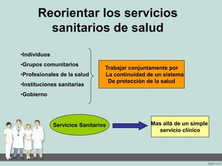 Reorientar los servicios
sanitarios de salud
•Individuos
•Grupos comunitarios
•Profesionales de la salud
•Instituciones sanitarias
•Gobierno
Trabajar conjuntamente por
La continuidad de un sistema
De protección de la salud
Servicios Sanitarios Mas allá de un simple
servicio clínico
 