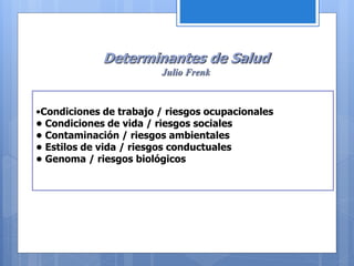 •Condiciones de trabajo / riesgos ocupacionales
• Condiciones de vida / riesgos sociales
• Contaminación / riesgos ambientales
• Estilos de vida / riesgos conductuales
• Genoma / riesgos biológicos
Determinantes de Salud
Julio Frenk
 