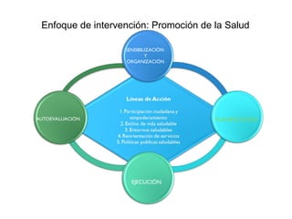 Enfoque de intervención: Promoción de la Salud
AUTOEVALUACIÓN
EJECUCIÓN
PLANIFICACIÓN
SENSIBILIZACIÓN
Y
ORGANIZACIÓN
 