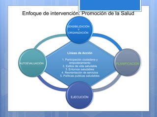 Enfoque de intervención: Promoción de la Salud
Líneas de Acción
1. Participación ciudadana y
empoderamiento
2. Estilos de vida saludable
3. Entornos saludables
4. Reorientación de servicios
5. Políticas publicas saludables
AUTOEVALUACIÓN
EJECUCIÓN
PLANIFICACIÓN
SENSIBILIZACIÓN
Y
ORGANIZACIÓN
 
