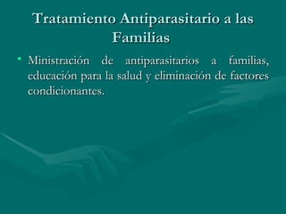 Tratamiento Antiparasitario a las Familias  Ministración de antiparasitarios a familias, educación para la salud y eliminación de factores condicionantes.  
