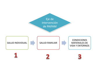 SALUD INDIVIDUAL SALUD FAMILIAR
CONDICIONES
MATERIALES DE
VIDA Y ENTORNOS
Eje de
Intervención
de PAIFAM
 