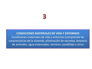 CONDICIONES MATERIALES DE VIDA Y ENTORNOS
Condiciones materiales de vida y entornos (comprende las
características de la vivienda, eliminación de excretas, tenencia
de animales, agua estancadas, vectores, pandillaje y otros
 