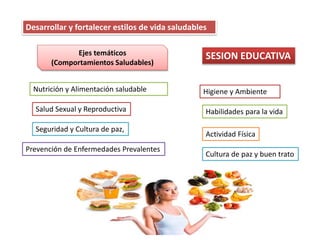 Desarrollar y fortalecer estilos de vida saludables
Higiene y Ambiente
Nutrición y Alimentación saludable
Salud Sexual y Reproductiva Habilidades para la vida
Cultura de paz y buen trato
Actividad Física
Prevención de Enfermedades Prevalentes
Seguridad y Cultura de paz,
Ejes temáticos
(Comportamientos Saludables)
SESION EDUCATIVA
 