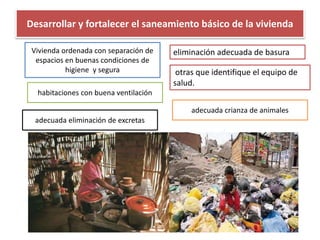 Desarrollar y fortalecer el saneamiento básico de la vivienda
eliminación adecuada de basura
Vivienda ordenada con separación de
espacios en buenas condiciones de
higiene y segura
adecuada crianza de animales
habitaciones con buena ventilación
adecuada eliminación de excretas
otras que identifique el equipo de
salud.
 