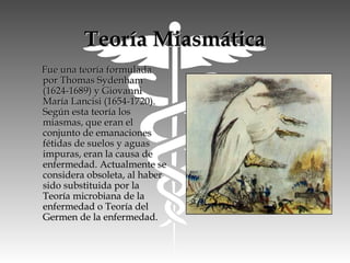 Teoría MiasmáticaTeoría Miasmática
Fue una teoría formuladaFue una teoría formulada
por Thomas Sydenhampor Thomas Sydenham
(1624-1689) y Giovanni(1624-1689) y Giovanni
María Lancisi (1654-1720).María Lancisi (1654-1720).
Según esta teoría losSegún esta teoría los
miasmas, que eran elmiasmas, que eran el
conjunto de emanacionesconjunto de emanaciones
fétidas de suelos y aguasfétidas de suelos y aguas
impuras, eran la causa deimpuras, eran la causa de
enfermedad. Actualmente seenfermedad. Actualmente se
considera obsoleta, al haberconsidera obsoleta, al haber
sido substituida por lasido substituida por la
Teoría microbiana de laTeoría microbiana de la
enfermedad o Teoría delenfermedad o Teoría del
Germen de la enfermedad.Germen de la enfermedad.
 