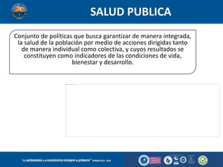 Definición
Conjunto de políticas que busca garantizar de manera integrada,
la salud de la población por medio de acciones dirigidas tanto
de manera individual como colectiva, y cuyos resultados se
constituyen como indicadores de las condiciones de vida,
bienestar y desarrollo.
SALUD PUBLICA
 