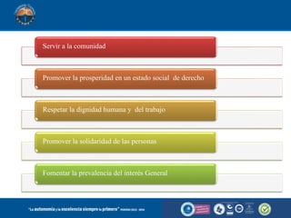 Para Alfredo Turizo (Universidad de
Antioquia,1993) manifiesta que el
objeto de la SP se encuentra en el
Preambulo de la constitución
Colombiana
En ejercicio de su poder soberano, representado por sus
delegatarios a la Asamblea Nacional Constituyente, invocando la
protección de Dios, y con el fin de fortalecer la unidad de la
Nación y asegurar a sus integrantes la vida, la convivencia, el
trabajo, la justicia, la igualdad, el conocimiento, la libertad y la
paz, dentro de un marco jurídico, democrático y participativo que
garantice un orden político, económico y social justo, y
comprometido a impulsar la integración de la comunidad
latinoamericana, decreta, sanciona y promulga la siguiente
Están las aspiraciones del pueblo colombiano con
relación a la salud.
Servir a la comunidad
Promover la prosperidad en un estado social de derecho
Respetar la dignidad humana y del trabajo
Promover la solidaridad de las personas
Fomentar la prevalencia del interés General
 