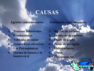 CAUSAS Agentes contaminantes Procesos Industriales Combustiones Vehículos de motor Generadores eléctricos Las Petroquímicas Quema de basura y la basura en si Sustancias contaminantes Bióxido de carbono  Monóxido de carbono Ó xido de azufre Óxido de nitrógeno Hidrocarburos Plomo Plaguicid as,etc. 