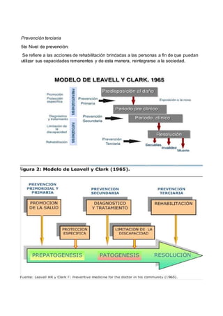 Prevención terciaria
5to Nivel de prevención:
Se refiere a las acciones de rehabilitación brindadas a las personas a fin de que puedan
utilizar sus capacidades remanentes y de esta manera, reintegrarse a la sociedad.
 
