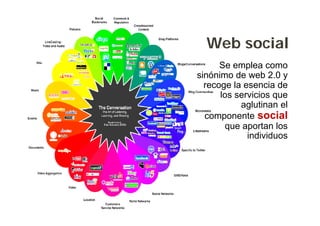 Web social
      Se
      S emplea como
sinónimo de web 2.0 y
  recoge la esencia de
      los servicios que
           aglutinan el
  componente social
             t       i l
       que aportan los
             individuos
               d duos
 