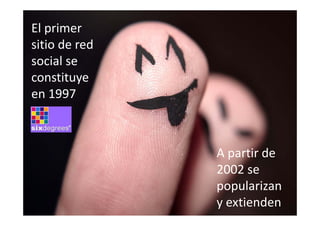 El primer 
sitio de red 
social se 
social se
constituye 
en 1997



                A partir de 
                2002 se 
                popularizan 
                popularizan
                y extienden
 