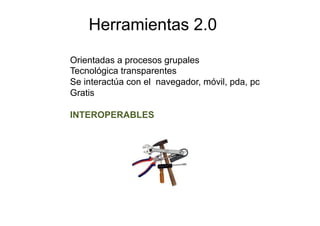 Herramientas 2.0
Orientadas a procesos grupales
Tecnológica transparentes
Se interactúa con el navegador, móvil, pda, pc
Gratis

INTEROPERABLES
 