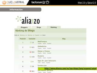 Web 2.0 y Salud 2.0

Información




              http://www.alianzo.com/es/top-blogs/lang/espanol/salud
 