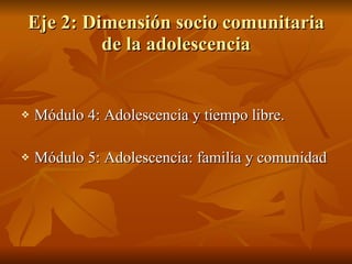 Eje 2: Dimensión socio comunitaria de la adolescencia Módulo 4: Adolescencia y tiempo libre. Módulo 5: Adolescencia: familia y comunidad 