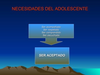 NECESIDADES DEL ADOLESCENTE SER ACEPTADO Ser acompañado Ser respetado Ser comprendido Ser escuchado 