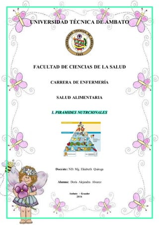 UNIVERSIDAD TÉCNICA DE AMBATO
FACULTAD DE CIENCIAS DE LA SALUD
CARRERA DE ENFERMERÍA
SALUD ALIMENTARIA
1. PIRAMIDES NUTRCIONALES
Docente: ND. Mg. Elizabeth Quiroga
Alumna: Doris Alejandra Alvarez
Ambato – Ecuador
2016
 