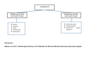 Bibliografía:
Mahan, L.D. 2013. "Dietoterapia de Krause" (13ª Edición). Ed. McGraw-Hill Interamericana, Barcelona. España
Patologías que necesitan
menor aporte de agua
Patologías que necesitan
mayor aporte de agua
CUIDADOS EN
 Diarrea
 Lactancia
 Fiebre
 Estreñimiento
 Hemorroides
 Insuficiencia renal
 Glomerulonefritis
 Insuficiencia cardiaca
congestiva
 